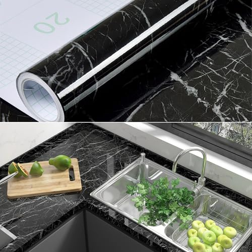 70cm×3m, Gloss Black Marble Vinyl Wrap for Kitchen Worktop, Black Sticky Back Plastic Roll, Heat-Resistant Durable Worktop Vinyl Covering, Marble Wallpaper Contact Paper Self Adhesive Wallpaper