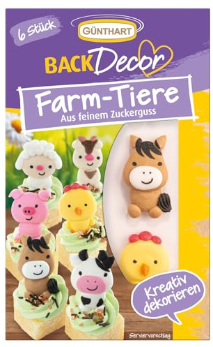 Günthart BackDecor 6 Stück essbare Farm Zuckerdekore als Schaf, Kuh, Schwein, Ziege, Pferd und Huhn aus feinem Zuckerguss, 1er Set (18 gr)