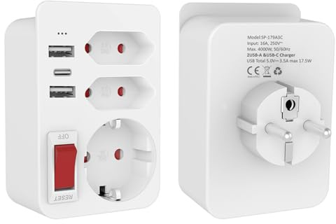 USB Steckdose, Steckdosenadapter mit 3 USB, Steckdosenadapter (2 USB A+1 USB C) und Stecker, Mehrfachsteckdose mit Schalter, USB Steckdose 3-Fach Steckdosen, 250V/16A