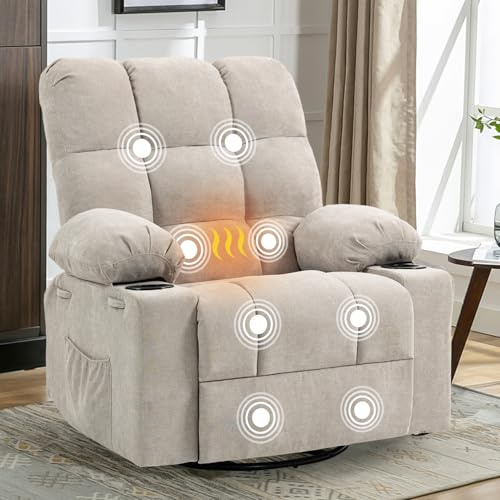 BRTHORY Relaxsessel mit Massagefunktion Fernsehsessel Manuell Liegefunktion 150° Vibration Heizung, Dicke Rückenlehne und Armlehnen, Massagesessel mit Wippfunktion, 360°drehbar