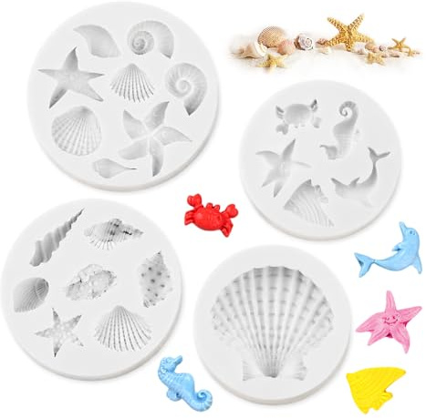 Set di 4 Stampo Silicone Tema Marino,Stampo Torta Conchiglia,HMCEY Stampi Stelle Marine,Stampi In Silicone per Fondente,Stampis Oceania,Stampos Pasticceria per Decorare Torte, Caramelle, Cioccolato