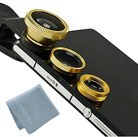 Elfenstall 3 in 1 Clip-On Kamera Adapter Optische Weitwinkelobjektiv FishEye Fischauge Objektiv Linse & Micro Objektiv Linsen - Fischaugenobjektiv + Weitwinkel + Mikroobjektiv für ihr Smartphone Handy oder Tablet - Universal Clip für Apple Iphone 4 / 4S / 4G / 5 / 5G / 6 / Iphone 6 plus i Phone 7-Samsung Galaxy Tab 3 10.1 (Wi-Fi) GT P5210 Samsung Galaxy Note PRO SM-P900 - Samsung Galaxy NOTE 2 1 3 N7100 I9300 S4 S3 S5 I9600 - Ipod 5s Samsung Galaxy s3 i9300 s2 in der Farbe gold
