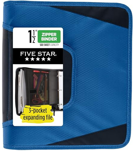 Five Star Reißverschluss-Binder, 3,8 cm 3-Ringbuch für Schule, 3 Fächer, 500 Blatt Kapazität, Blau (72202)