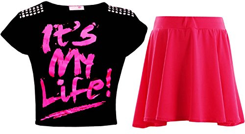 A2Z 4 Kids Girls Crop Top Skater Skirt Set Black Pink Age 7-13 Years | Two Piece Outfit With Short Sleeve Tee, Stretch Waist & Flared Design