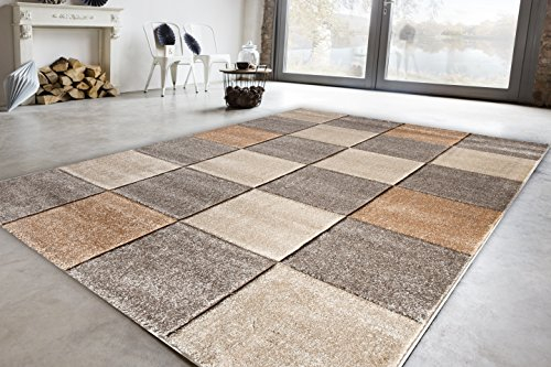 Luxor Living Teppich Modern Design Musterteppich Webteppich Kurzflor - Wohnzimmer, Esszimmer, Gästezimmer im Schachbrett Design mit 3-D Effekt komplett umkettelt 15mm Flor 140 x 200cm