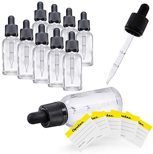 Oputec Lot de 10 x 30ml flacons Compte-Gouttes en Verre - avec Pipette en Verre et Graduation + 10 étiquettes - Bouteilles de Pharmacie, Transparent