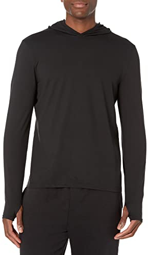 Amazon Essentials Men's Tech Stretch Long-Sleeve Hooded T-Shirt, Black, Small