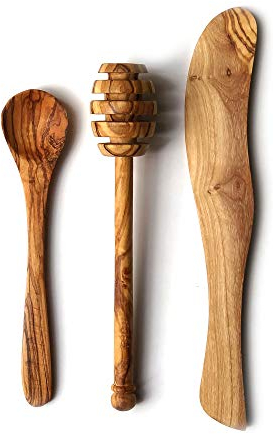 Ensemble de petit-déjeuner et condiments en bois d'olivier | couteau à beurre | cuillère à confiture | cuillère à marmelade | cuillère à miel