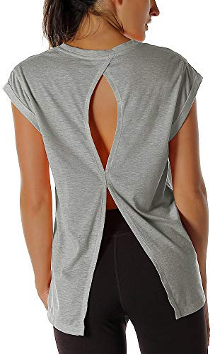 icyzone Damen Fitness-Trainings Kurzarm Shirt Yoga Top Loose Fit Rückenfrei Sport T-Shirt (S, Grey)