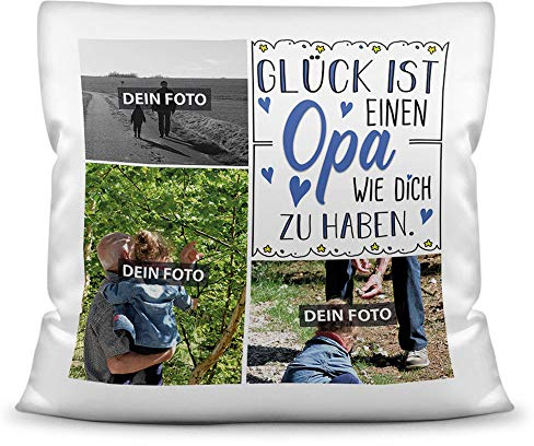 Print Royal Foto-Kissen inkl. Füllung zum Selbstgestalten - für Opa - mit eigener Collage und Spruch - Bestes Fotogeschenk/Geburtstagsgeschenk - Kissen Polyester - Weiß