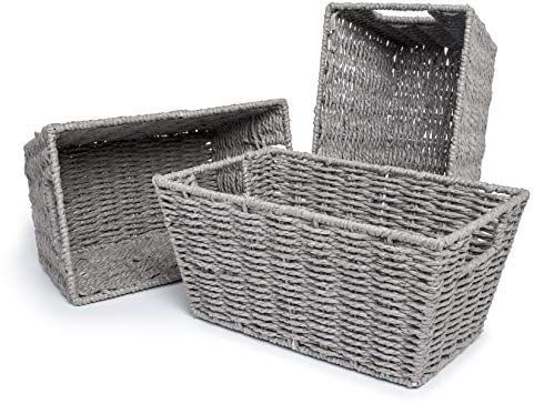 woodluv Storage Basket for Shelves, Woven Wicker Paper rope storage boxes, Baskets for Organizing, Gift Hamper Basket, Decorative Baskets Grey - L30.5 x W18.5 x 14.5 (H)