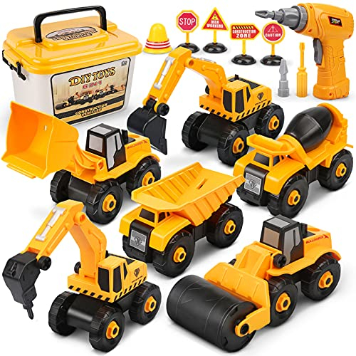Dreamon Bagger Kinder Spielzeug, Baustellenfahrzeuge Kinder mit Elektro-Drill, Traktor, Sandkasten Bagger Jungen 3 4 5 6 7 Jahren