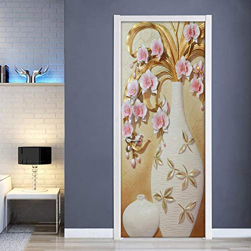 CBWRAW Adesivi per Porte 3D Carta Parati Vaso Moda con Fiori Rosa Interne Soggiorno Camera da Letto Carta da Parati in PVC Autoadesivo Impermeabile Poster Murale Fotomurali Arredo Casa 77X200 Cm