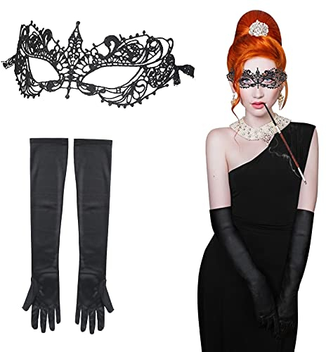 LOOPES 2tlg Venezianische Maske Damen Spitze Halloween Maske Schwarz Sexy Augenmaske Gesicht Gothic Lace Gesichtsmasken Spitzenmaske mit Handschuhe für Halloween Karneval Maskenball Cosplay Party