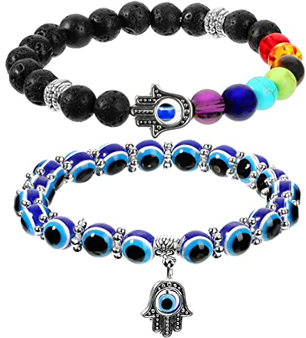 Yaomiao 2 Stück Böser Blick Armband Nazar Auge 7 Chakren Hand von Fatima Perlenarmband Böse Augen Stretch Perlen Viel Glück Schutz Edelstein Armband für Frauen