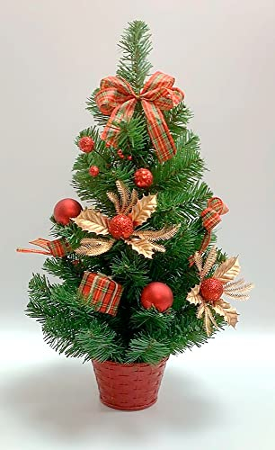 SCHAUER Geschmückter Künstlicher Weihnachtsbaum 50 cm Tannenbaum Christbaum dekoriert mit Christbaumkugeln, Weihnachtssternen, grün-rot Karierten Schleifen und kleinen Geschenkpäckchen in Rottönen
