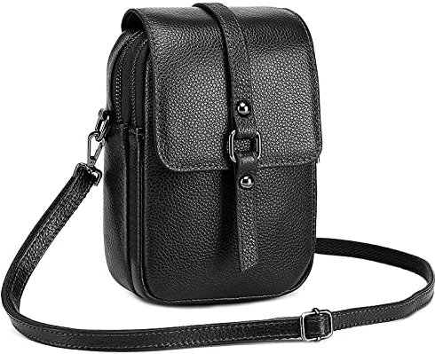 FORRICA Handy Umhängetasche Damen Handytasche zum Umhängen Echte Leder Handtaschen Frauen Schultertasche Kleine Crossbody Tasche Geldbörse Schwarz