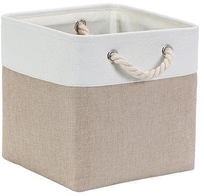 Mangata Aufbewahrungsbox Stoff 33x33x33 cm, aufbewahrungskorb Helles Khaki Weiß, Korbe Stoff in Würfel für Schrank, Regal, und Kleidung, (Faltbare, 1er Pack)