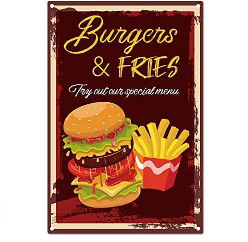 CREATCABIN Schild „Burgers & Fries“, Blechschild Aus Metall, Vintage-Retro Für Plaque, Poster, Bar, Pub, Garage, Fast Food, Café, Zuhause, Wanddekoration, 8 x 12,(5) cm