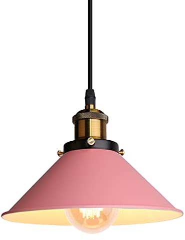 iDEGU Lustre Rétro Suspension Luminaire Vintage 22CM Métal Plafonnier Abat-jour Industriel E27 Lampe de Plafond pour Salon Cuisine Chambre Restaurant (Rose - 1 Lampe)