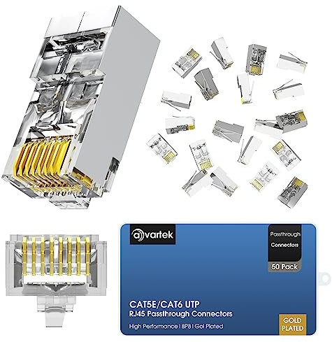AVARTEK Shielded RJ45 Cat5 CAT5e Cat6 Pass Through Connectors 50 Pack – Ethernet Gold Plated Connector End Plug For Cat6/Cat5/Cat5e UTP Solid & Stranded Network Cable