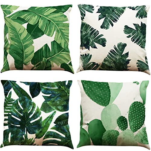 BINXWA 4 Stück Kissenbezug 45x45,Tropische Pflanzen Thema Deko Kissenbezug Baumwolle Leinen Kissenhülle Sofa Kissenbezug Outdoor Garten deko