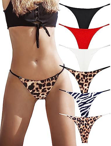 Sexy G String Ficelle pour Femme Coton sans Couture Culotte Tangas sous-Vêtements Lot de 6 Slips (B/W/R/Leopard, Large)