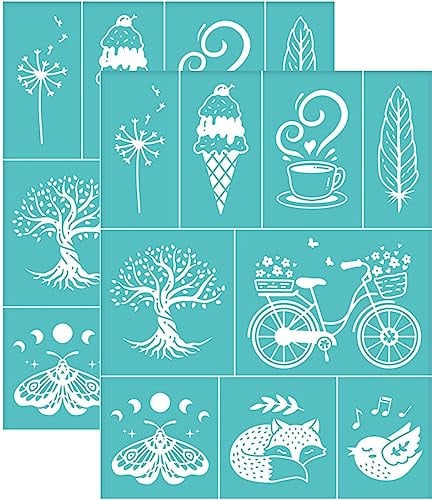 OLYCRAFT 2 Stück 22x28cm Selbstklebende Siebdruck-Schablone Eis Baum Fahrrad Vogel Fuchs Mesh-Transfer Siebdruck Wiederverwendbare Schablone Zum Malen Auf Holz T-Shirt Stofftaschen