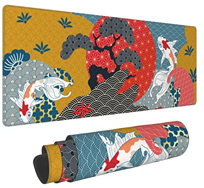 Koi Carp Fish Großes Mauspad, japanisches Gaming-Mauspad mit niedlicher lustiger Sakura-Blume und Ozeanwelle für Frauen, große Schreibtischmatte für Desktop und Tastatur mit genähten Kanten, 80x20 cm