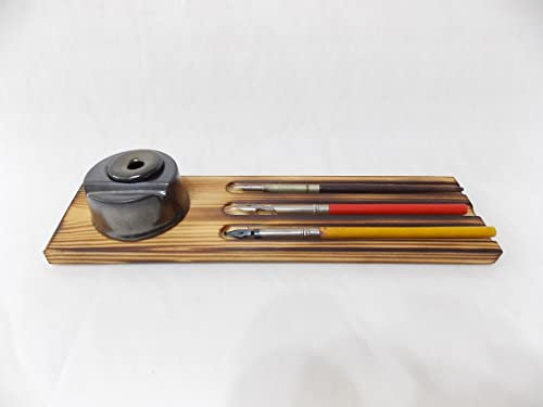 Calligraphy Inkwell and Triple Pen Holder, Handcrafted Wood & Ceramic Desk top Ink Fountain dip Pen Display Stand inkwellinserts