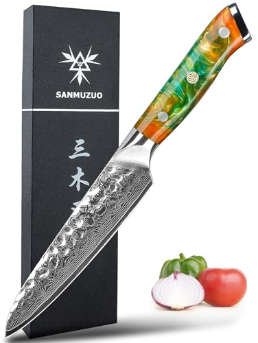 SANMUZUO Cuchillo Utilitario, Cuchillos Profesionales de Cocina 13cm, cuchillos de frutas y verduras, 67 capas de acero de Damasco forjado y mango de resina - Serie Yao