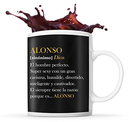 Taza con el nombre Alonso con definición humorística ideal para un regalo original