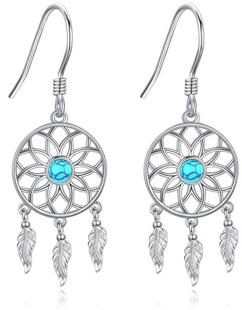 Traumfänger Ohrringe 925 Sterling Silber Türkis Lotus Ohrhänger Traumfänger Ohrringe Hängend Dream Catcher Schmuck Schutz Geschenke für Damen Frauen Mädchen Mutter