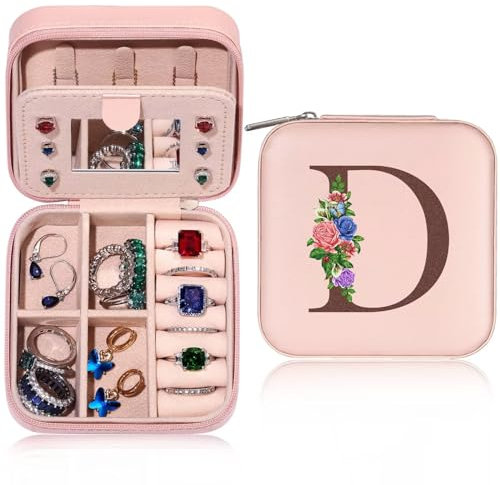 TINGN Kleine Schmuckschatulle mit Anfangsbuchstaben D und Blume Initiale Schmuckkästchen Travel Organizer Box Geschenke für Damen Mädchen Geschenke für Weihnachten Geburtstage Hochzeit Brautjungfer