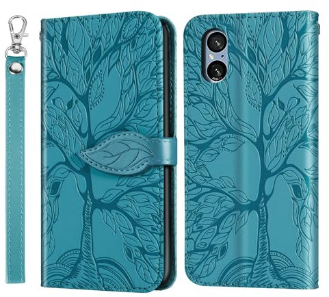 Rostsant Handyhülle für Sony Xperia 5 V 2023 Geprägter Baum PU Leder Sony Xperia 5 V 2023 Flip Case Brieftasche Tasche Hülle für Sony Xperia 5 V 2023 Blau