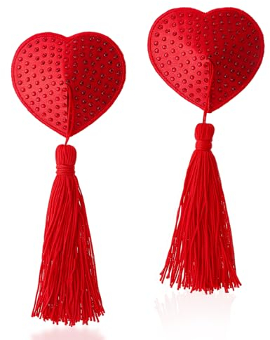 Sibba Nippelabdeckungen Aufkleber mit Quasten Nipple Pasties Selbstklebende Brustwarzenabdeckung Nippelpads Valentinstag Brustwarzen Abdeckungen Rot Herzförmig Klebe Busenblüten für Halloween Party