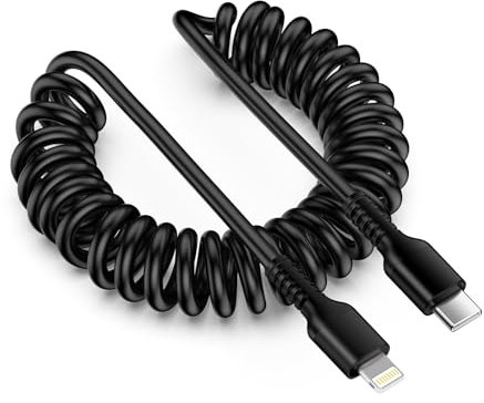 Coiled USB C to Lightning Cable[Mfi Certified], iPhone Car Charger Apple Carplay Cable, Short USB-C to Lightning Cable with Data Sync, Retractable Apple Charging Cable for iPhone14/13/12/11/Pad/iPod