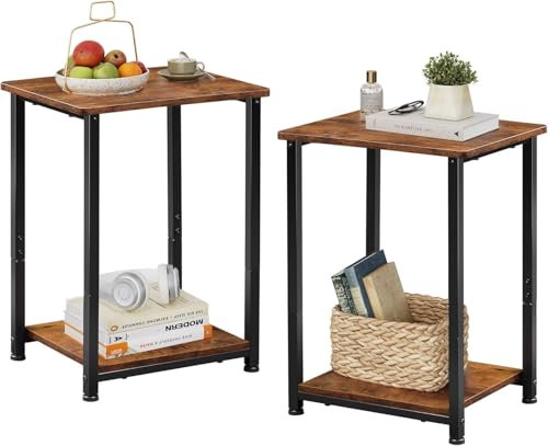 WLIVE Side Table Set of 2, Wooden Side Sofa Tables, 2-Tier End Tables with 360° Adjustable Feet, Each up to 50kg, 38 x 30 x 50 cm, Nest of Tables for Bedroom & Living Room, Rustic Brown