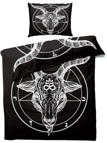 MOBEITI Schwarz Gothic Bettwäsche 155x220, Pentagramm Baphomet Satanische Wendebettwäsche - Deko & Geschenke, Weiche Mikrofaser Bettbezug Set 2teilig, 1 Kissenbezug 80x80, mit Reißverschluss