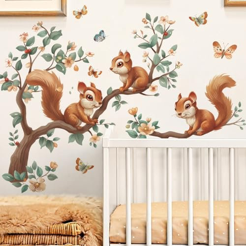 COVPAW Wandtattoo 3 Eichhörnchen Ast Wald Tier Dschungel Wandaufkleber Baum Wandsticker Kinderzimmer Babyzimmer Schlafzimmer Kindergarten Dekoration (3 Squirrals)