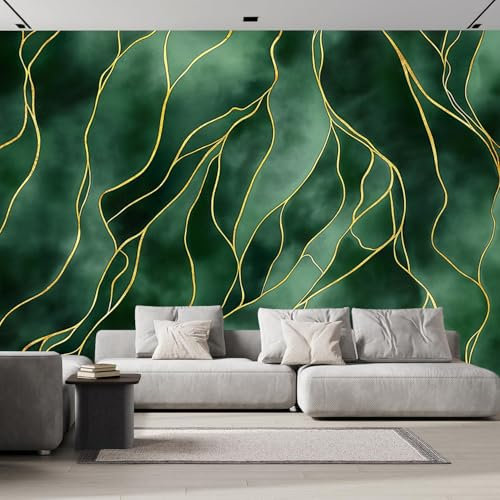 Panoramique Papier peint soie 450×315 cm Mural, Marbre Marbre Fluide Lignes D'Or Tapisserie Photo Peinture Murale Décoration Convient pour la décoration du salon et de la chambre