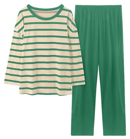 Ensemble de pyjama en coton pour femme à manches longues - Haut à manches longues - Col rond - Pull dégradé et bas de pyjama ample - Doux et respirant, Z2green2, XXL