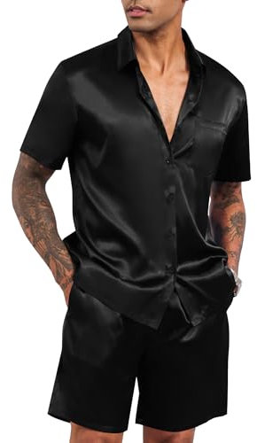 Babioboa Herren Satin Zweiteiliger Lapel Kurzarm Button Tops Shorts mit Tasche Party Weihnachten Lassig Hemd(Schwarz,M)
