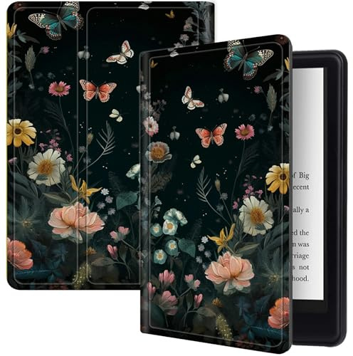 Blumen-Schutzhülle für Kindle Fire HD 8 und Fire HD 8 Plus Tablet (2024/2022/2020 veröffentlicht 14. / 12. / 10. Generation), PU-Leder, Klappständer, schlanke Hülle mit automatischer Sleep