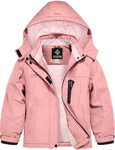 GEMYSE Veste de Ski Hiver pour Fille Enfant Blouson Chaud Imperméable Coupe-Vent avec Capuche et Doublure Polaire pour Neige de Montagne(Rose Corail avec Doublure Rose,116-122)