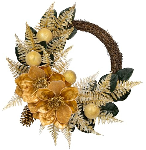 Weihnachtskranz Ø 60,9 cm – Handgefertigte Künstliche Türdekoration mit Kunstblumen, Christbaumkugeln & Tannenzweigen – Luxuriöse Weihnachtsdeko für Innen & Außen, Gold