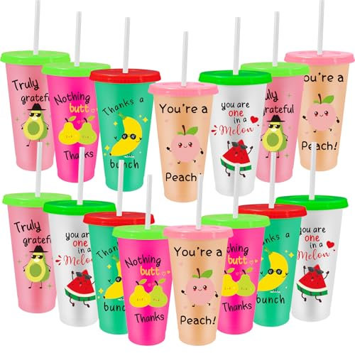 YFNVH 15 Pcs Appreciation Gifts Cups Bulk 24 oz Funny Thank You Plastic Tumbler with Lids and Straws Reusable Summer Drinking Cup Cute Fruit Pun Mug for Kid Student Teacher Employee Volunteer