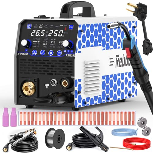 Reboot Saldatrice MIG 250Amp 120V/240V RBM2500 PRO, saldatrice multiprocesso 8 in 1 con doppia modalità di saldatura in alluminio, compatibile con pistola MIG/Gasless MIG/MAG/Lift TIG/Stick/Spot/Spool
