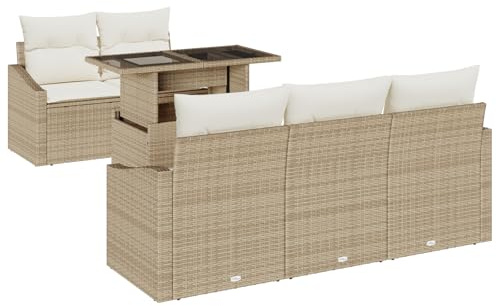 vidaXL Garten-Sofa-Set mit Speicher 6 pcs Beige Poly Rattan, Garten und Terrasse, modernes, langlebiges Rattansofa-Set, modulares Loungemöbel mit Stauraum