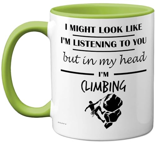 Stuff4 Climbing, in My Head Mug | Funny Gift for Climbing Lover Women and Men, 11oz Premium Ceramic Dishwasher Safe Green Handle Mugs Novelty Cup